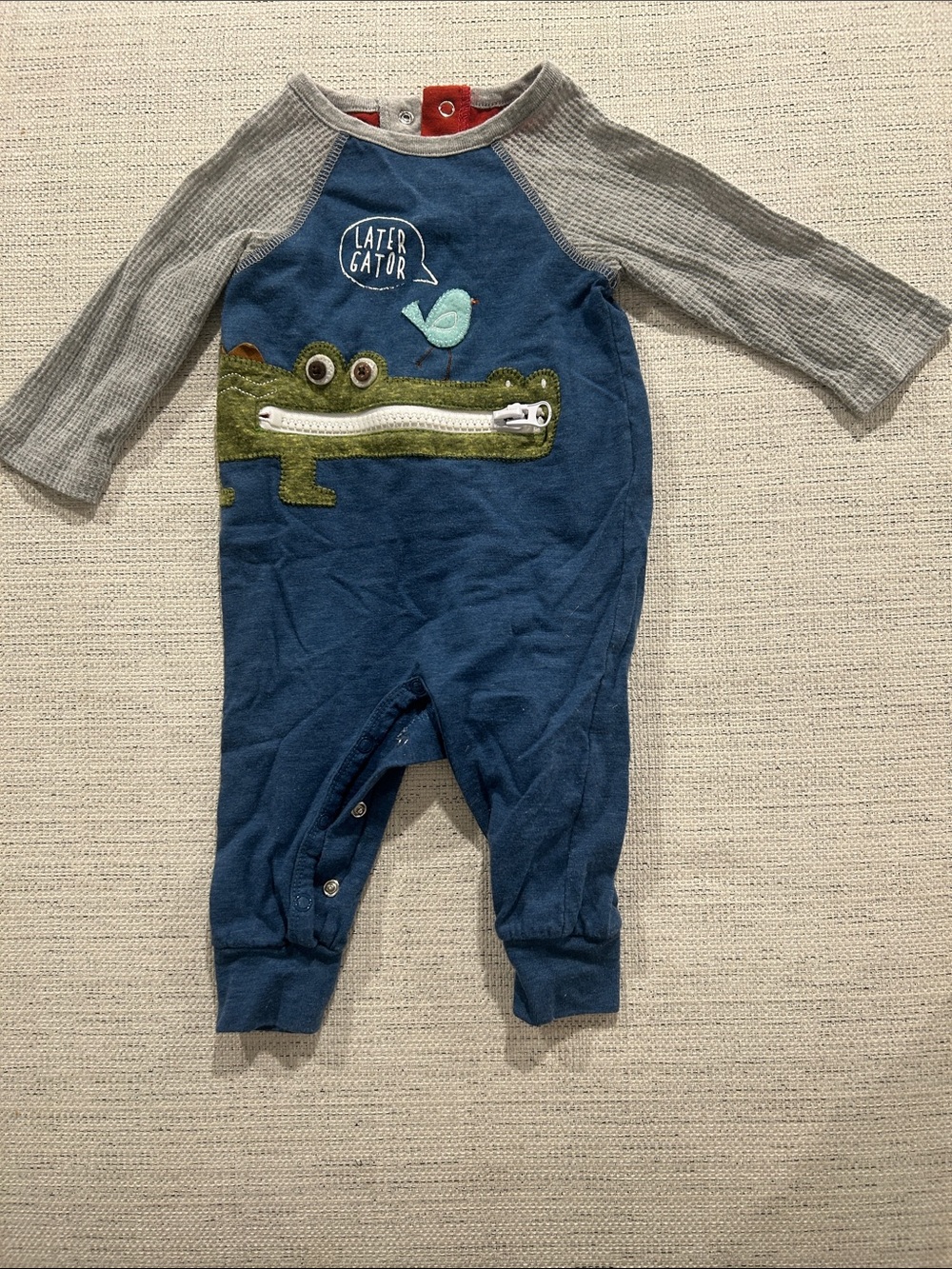Mud Pie Blue One-Piece with Gray Sleeves and Green Crocodile Applique